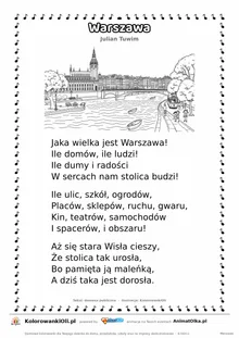 Warszawa (Julian Tuwim) — tekst wiersza i ilustracja do kolorowania, karta A4 do druku
