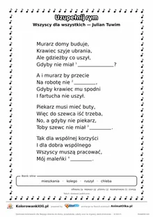 Uzupełnij rym — Wszyscy dla wszystkich (Julian Tuwim): karta pracy z lukami w rymach, A4