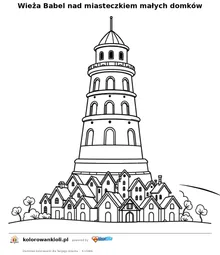Wieża Babel nad miasteczkiem małych domków — kolorowanka do wydruku dla dzieci