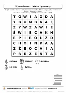 Wykreślanka choinka i prezenty do druku — poziom 1, siatka 8×8, 5 słów z obrazkami, klucz do góry nogami