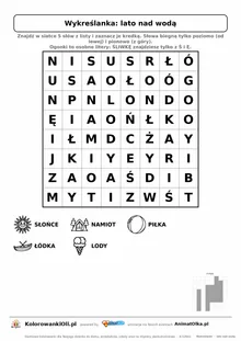 Wykreślanka lato nad wodą do druku — poziom 1, siatka 8×8, 5 słów z obrazkami, klucz do góry nogami