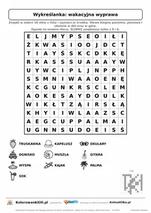 Wykreślanka wakacyjna wyprawa do druku — poziom 3, siatka 12×12, 10 słów z obrazkami, klucz do góry nogami