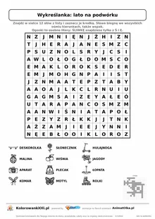 Wykreślanka lato na podwórku do druku — poziom 4, siatka 14×14, 12 słów z obrazkami, klucz do góry nogami