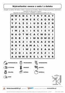 Wykreślanka owoce z sadu i z daleka do druku — poziom 3, siatka 12×12, 10 słów z obrazkami, klucz do góry nogami