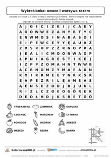 Wykreślanka owoce i warzywa razem do druku — poziom 4, siatka 14×14, 12 słów z obrazkami, klucz do góry nogami