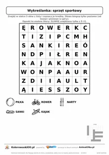 Wykreślanka sprzęt sportowy do druku — poziom 1, siatka 8×8, 5 słów z obrazkami, klucz do góry nogami