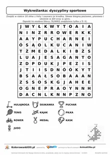 Wykreślanka dyscypliny sportowe do druku — poziom 3, siatka 12×12, 10 słów z obrazkami, klucz do góry nogami