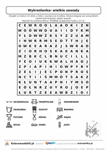 Wykreślanka wielkie zawody do druku — poziom 4, siatka 14×14, 12 słów z obrazkami, klucz do góry nogami