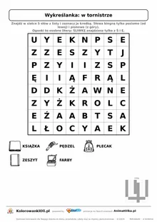 Wykreślanka w tornistrze do druku — poziom 1, siatka 8×8, 5 słów z obrazkami, klucz do góry nogami