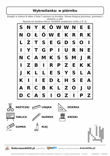 Wykreślanka w piórniku do druku — poziom 2, siatka 10×10, 8 słów z obrazkami, klucz do góry nogami