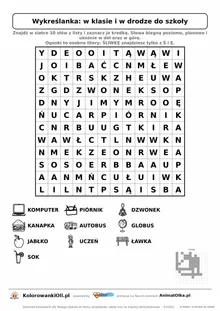 Wykreślanka w klasie i w drodze do szkoły do druku — poziom 3, siatka 12×12, 10 słów z obrazkami, klucz do góry nogami