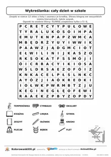 Wykreślanka cały dzień w szkole do druku — poziom 4, siatka 14×14, 12 słów z obrazkami, klucz do góry nogami