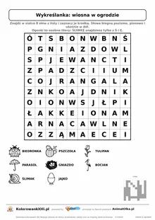 Wykreślanka wiosna w ogrodzie do druku — poziom 2, siatka 10×10, 8 słów z obrazkami, klucz do góry nogami