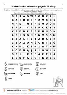 Wykreślanka wiosenna pogoda i kwiaty do druku — poziom 3, siatka 12×12, 10 słów z obrazkami, klucz do góry nogami