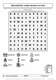Wykreślanka ciepłe ubranie na mróz do druku — poziom 2, siatka 10×10, 8 słów z obrazkami, klucz do góry nogami