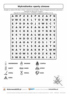 Wykreślanka sporty zimowe do druku — poziom 3, siatka 12×12, 10 słów z obrazkami, klucz do góry nogami