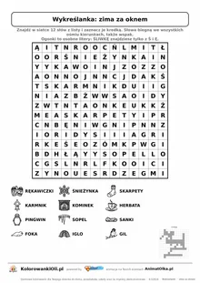 Wykreślanka zima za oknem do druku — poziom 4, siatka 14×14, 12 słów z obrazkami, klucz do góry nogami