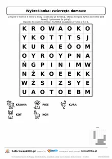 Wykreślanka zwierzęta domowe do druku — poziom 1, siatka 8×8, 5 słów z obrazkami, klucz do góry nogami