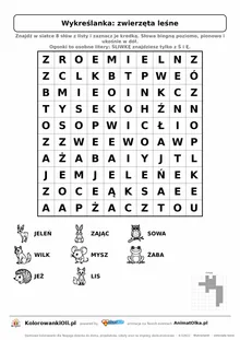 Wykreślanka zwierzęta leśne do druku — poziom 2, siatka 10×10, 8 słów z obrazkami, klucz do góry nogami
