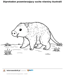 Diprotodon przemierzający suche równiny Australii — kolorowanka do wydruku dla dzieci
