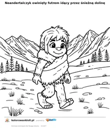 Neandertalczyk owinięty futrem idący przez śnieżną dolinę — kolorowanka do wydruku dla dzieci