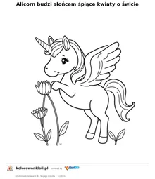 Alicorn budzi sloncem spiace kwiaty o swicie — kolorowanka do wydruku dla dzieci