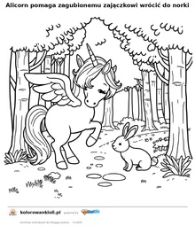 Alicorn pomaga zagubionemu zajaczkowi wrocic do norki — kolorowanka do wydruku dla dzieci