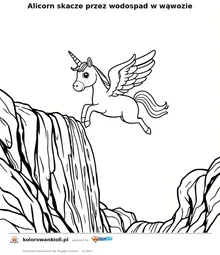 Alicorn skacze przez wodospad w wąwozie — kolorowanka do wydruku dla dzieci