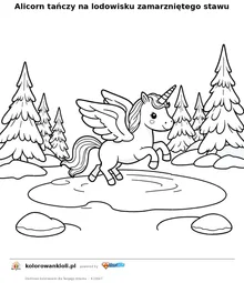 Alicorn tanczy na lodowisku zamarznietego stawu — kolorowanka do wydruku dla dzieci