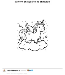 Alicorn skrzydlaty na chmurze — kolorowanka do wydruku dla dzieci