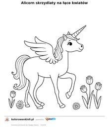 Alicorn skrzydlaty na łące kwiatów — kolorowanka do wydruku dla dzieci