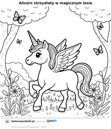 Alicorn skrzydlaty w magicznym lesie — kolorowanka do wydruku dla dzieci