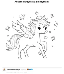 Alicorn skrzydlaty z motylkami — kolorowanka do wydruku dla dzieci