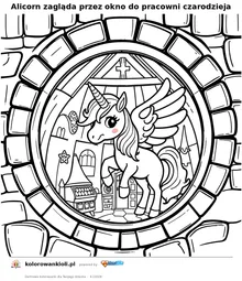 Alicorn zagląda przez okno do pracowni czarodzieja — kolorowanka do wydruku dla dzieci