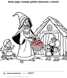 Baba Jaga rozdaje jabłka dzieciom z wioski — kolorowanka do wydruku dla dzieci