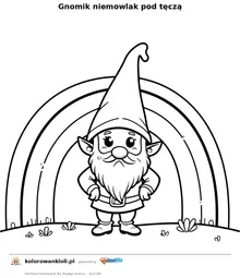 Gnomik niemowlak pod tęczą — kolorowanka do wydruku dla dzieci