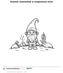 Gnomik niemowlak w magicznym lesie — kolorowanka do wydruku dla dzieci