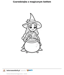 Czarodziejka z magicznym kotłem — kolorowanka do wydruku dla dzieci