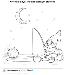 Gnomik z dyniami nad nocnym stawem — kolorowanka do wydruku dla dzieci