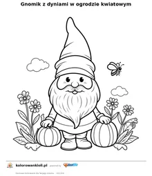 Gnomik z dyniami w ogrodzie kwiatowym — kolorowanka do wydruku dla dzieci