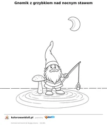 Gnomik z grzybkiem nad nocnym stawem — kolorowanka do wydruku dla dzieci