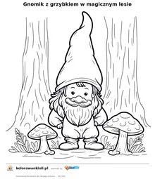 Gnomik z grzybkiem w magicznym lesie — kolorowanka do wydruku dla dzieci