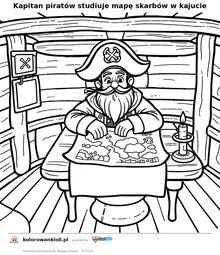 Kapitan piratów studiuje mapę skarbów w kajucie — kolorowanka do wydruku dla dzieci