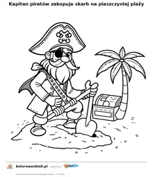 Kapitan piratów zakopuje skarb na piaszczystej plaży — kolorowanka do wydruku dla dzieci