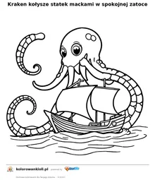 Kraken kolysze statek mackami w spokojnej zatoce — kolorowanka do wydruku dla dzieci