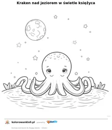 Kraken nad jeziorem w świetle księżyca — kolorowanka do wydruku dla dzieci