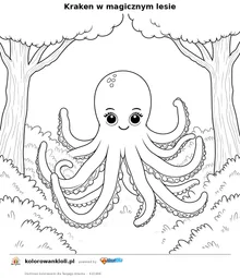 Kraken w magicznym lesie — kolorowanka do wydruku dla dzieci