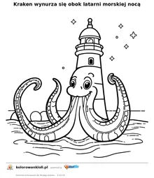 Kraken wynurza sie obok latarni morskiej noca — kolorowanka do wydruku dla dzieci