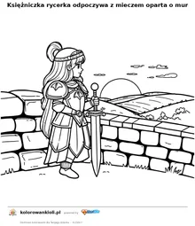 Księżniczka rycerka odpoczywa z mieczem oparta o mur — kolorowanka do wydruku dla dzieci