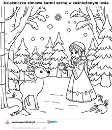 Księżniczka zimowa karmi sarnę w zaśnieżonym lesie — kolorowanka do wydruku dla dzieci